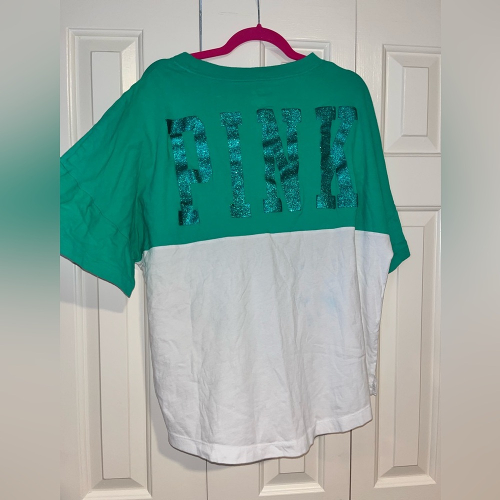 Pink Victoria's Secret Women's Green & White PINK Logo Top